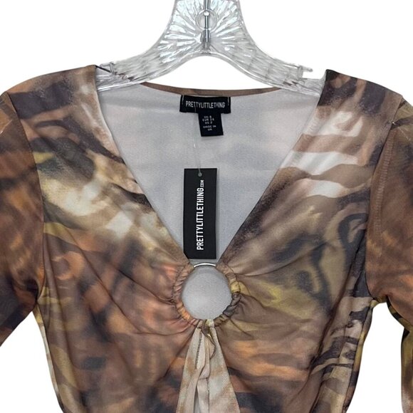 PrettyLittleThing Long Sleeve Cropped Shirt Womens Brown Size 2 Tie Abstract - Picture 3 of 8